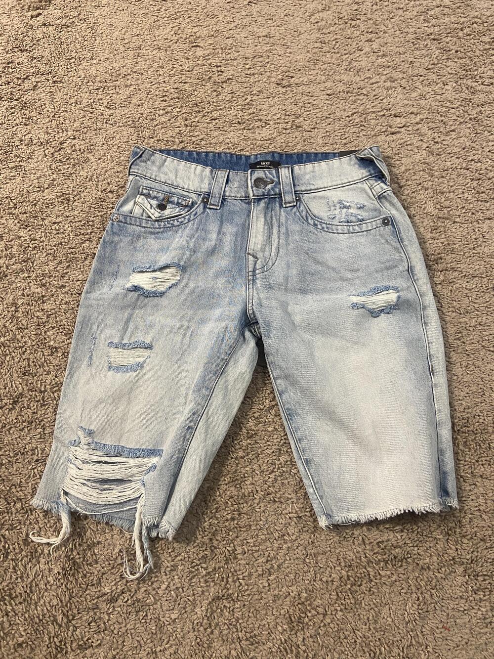 True Religion Ricky Shorts Mens 29 Blue Denim Relaxed Fit Distressed Bermuda
